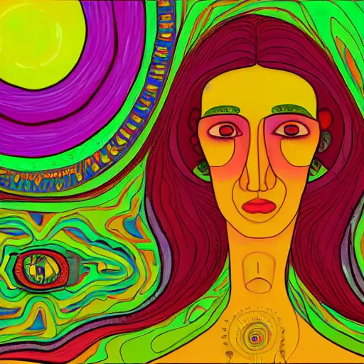 Image similar to a psychedelic illustration of my lehrman doing yoga, medium long brown orange hair, green eyes, round face, thin eyebrows, modern art, purple, pink, green, yellow, orange, dramatic, intricate, detailed, art by famous artist