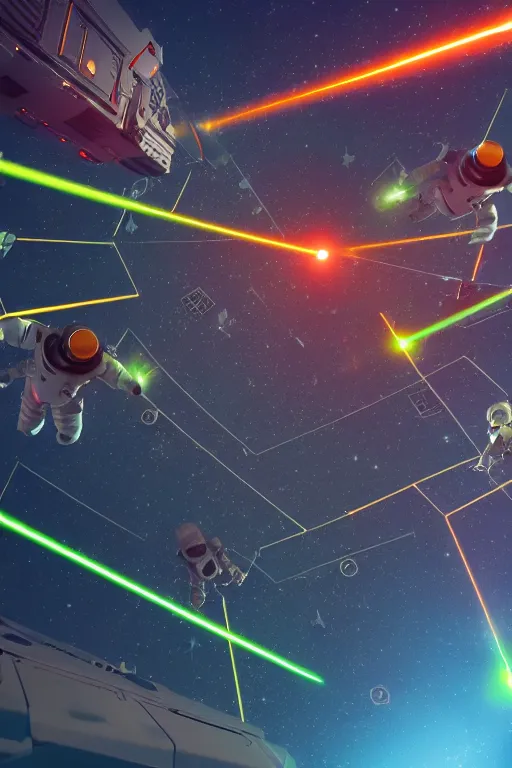 Image similar to wide view of a dozen futuristic spacemen firing lasers, zero gravity, floating, in space, bright, hiding behind obstacles, surrounded by a laser grid, stars visible, unreal engine, lensflares, low perspective, polygon, vector, heavy filmgrain