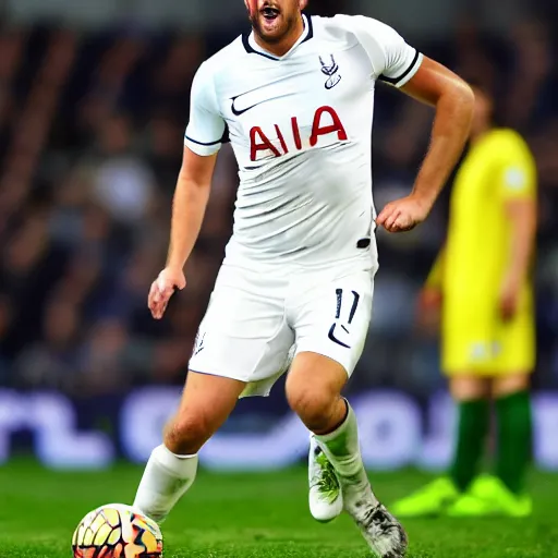 Prompt: photograph of harry kane with a gigantic chin, his chin goes all the way to the floor