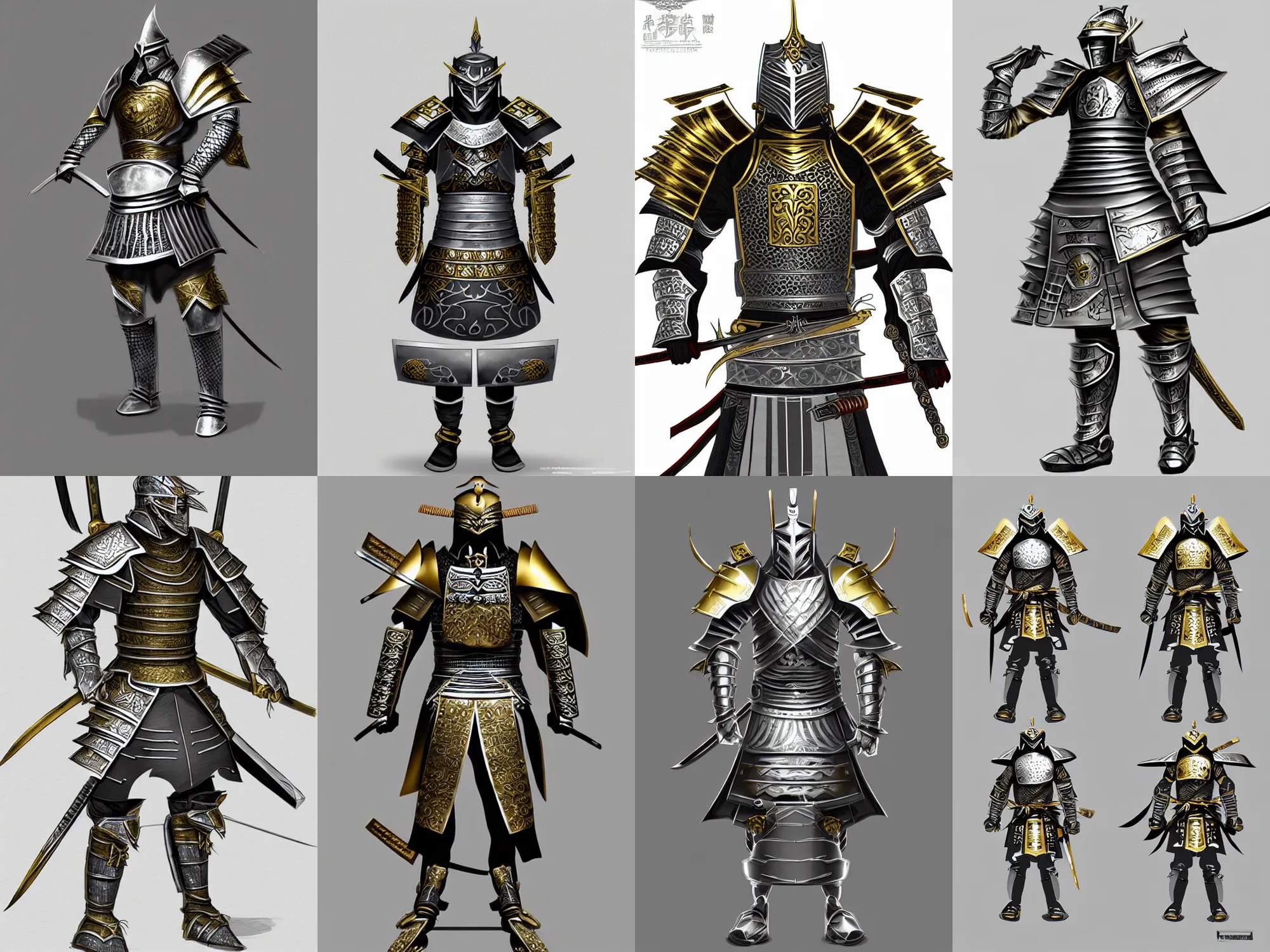 Prompt: fantasy samurai armor, concept sketch, silver with gold trim, extremely polished, heavy exaggerated proportions, huge shoulder pauldrons, flat shading, smooth, uncluttered, extremely clean, fantasy character portrait, professional concept art, orthographic front view, A-pose, full body
