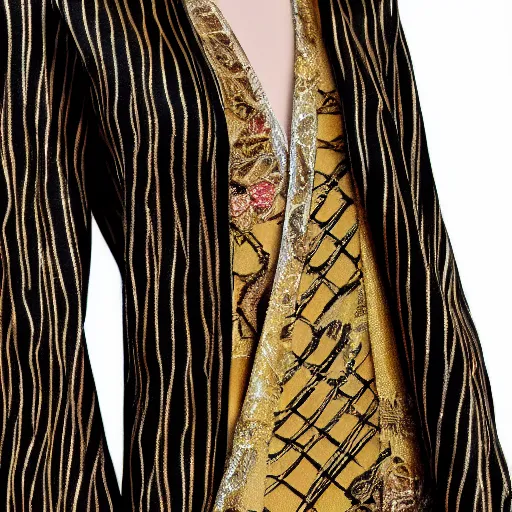 Prompt: a beautiful model in kimono gold and black striped, tiger inspired, realistic, intricate details.