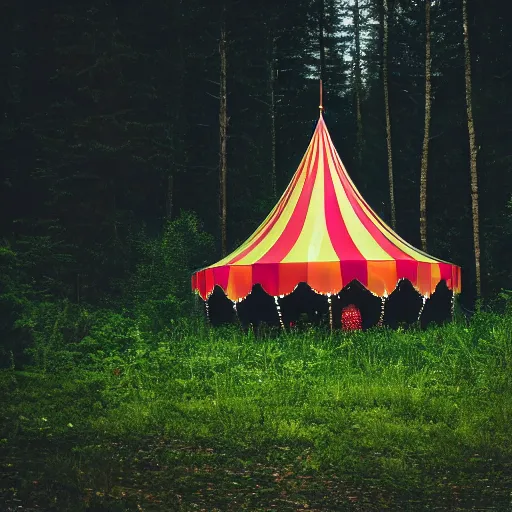 Image similar to a circus tent in the middle of a dark mysterious forest