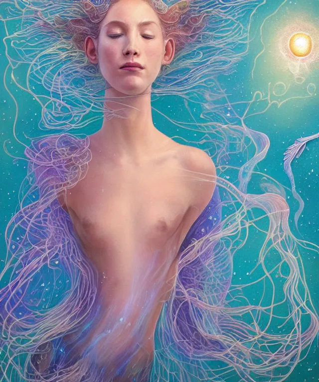 Image similar to portrait of a levitating floating in space goddess mermaid with (reaction diffusion) scaled fish skin Bioluminescent phoenix jellyfish, phoenix fire, chimera, energy rays, Her breath shot a haze of steam out into the frosty morning air concept, soft light, soft mood, realistic body features and face, illustration,intricate ornament halo, painting oil on canvas by Elena Zhurikhina and Goro Fujita and Charlie Bowater, octane render trending on artstation, 4k, 8k, HD