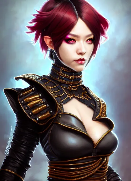 Image similar to rogue, fantasy ornate leather bandit outfit!!! close - up portrait beautiful and athletic short hair female!! gorgeous face and eyes!! character concept art, sharp focus, octane render! unreal engine 5! highly rendered!! trending on artstation!! detailed linework!! illustration by artgerm, wlop, and chie yoshii