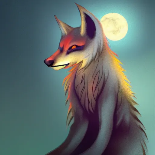 Image similar to a beautiful werefox at night, kawacy, backlighting, furry art