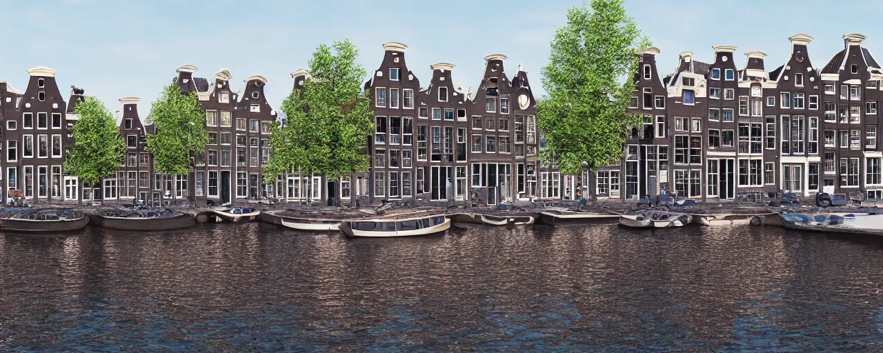 Prompt: view of houses in amsterdam, with water and boats, photography, 3 5 mm, hyper realistic, 8 k, unreal engine, illustration, happy lighting
