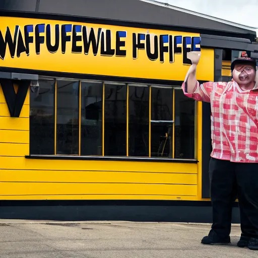 Image similar to wafflehouse employee's standing below wafflehouse sign