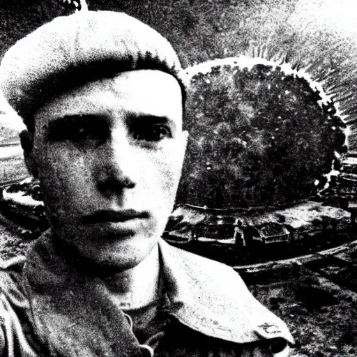 Prompt: a selfie of a ukrainian on the background of a nuclear explosion in yellow - blue rags shoots himself in the head to die a less painful death