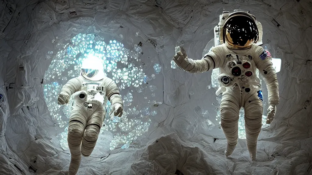 Image similar to a single astronaut eva suit made of diamond 3d fractal lace iridescent bubble 3d skin and covered with insectoid compound eye camera lenses floats through the living room, film still from the movie directed by Denis Villeneuve with art direction by Salvador Dalí, wide lens,