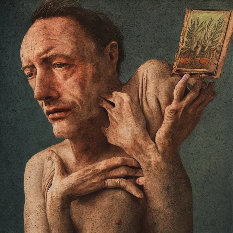 Image similar to realistic exposed expired fuji film portrait of a man holding up a codex seraphinianus, hyperrealism, hypermaximalism, photorealistic, detailed, atmospheric, 8 k, award winning photography, cinematic