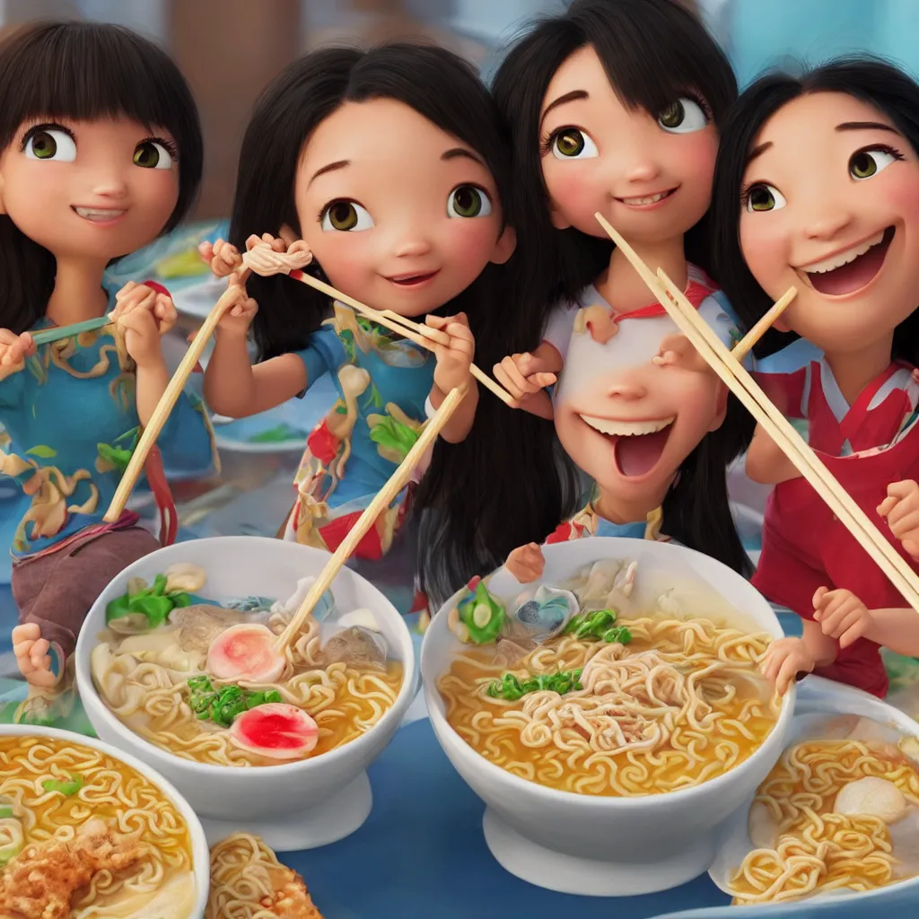 Prompt: Two happy beautiful girls holding chopsticks and eating a bowl of ramen, hyper realistic, insane detail, Pixar