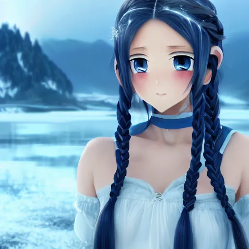 Prompt: a very beautiful anime girl, long braided hair, azure blue eyes, full round face, short smile, white dress, ice snowy lake setting, cinematic lightning, medium shot, mid-shot, highly detailed, trending on Artstation, Unreal Engine 4k, cinematic wallpaper