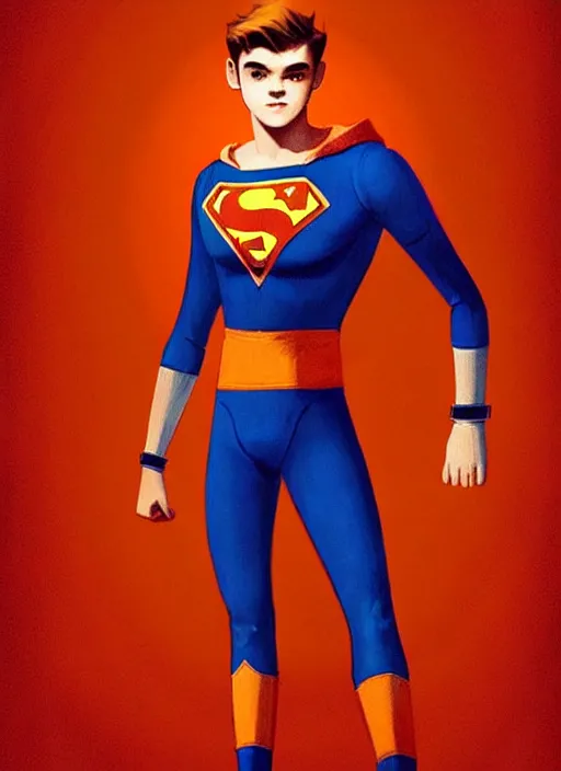 Image similar to teenage archie andrews wearing an orange superhero costume, intricate, elegant, glowing lights, highly detailed, digital painting, artstation, sharp focus, illustration, art by wlop, mars ravelo and greg rutkowski