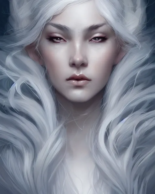 Prompt: portrait of a beautiful fierce snow and storm goddess, flowy white grey hair, grey eyes, cinematic lighting, highly detailed, digital painting, trending on artstation, pixiv, concept art, sharp focus, illustration, art by ross tran and wlop