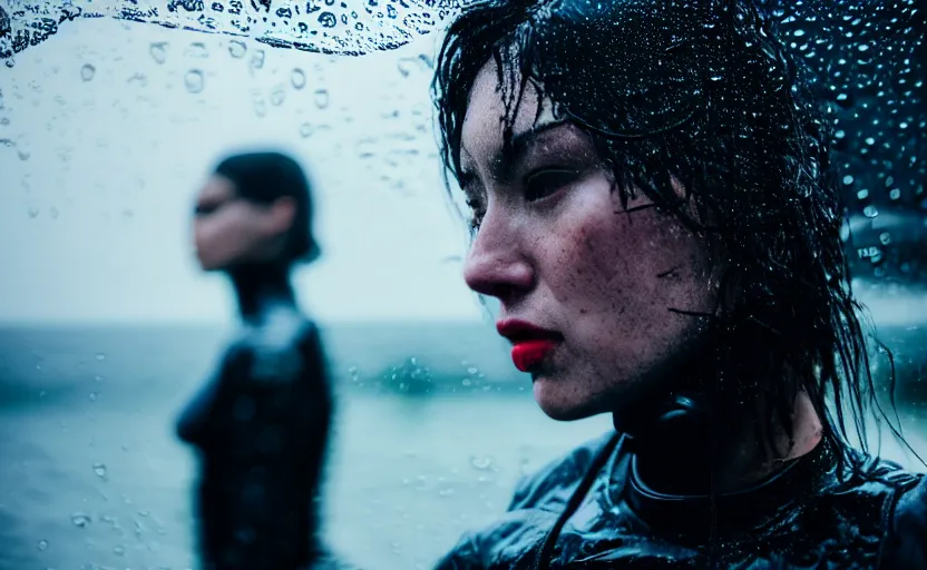 Image similar to cinestill 5 0 d candid action photographic portrait by quentin tarantino of two loving female androids wearing rugged black mesh techwear in treacherous waters, extreme closeup, modern cyberpunk retrofuturism moody emotional cinematic, pouring iridescent rain, 8 k, hd, high resolution, 3 5 mm, f / 3 2, motion blur, ultra realistic faces, ex machina