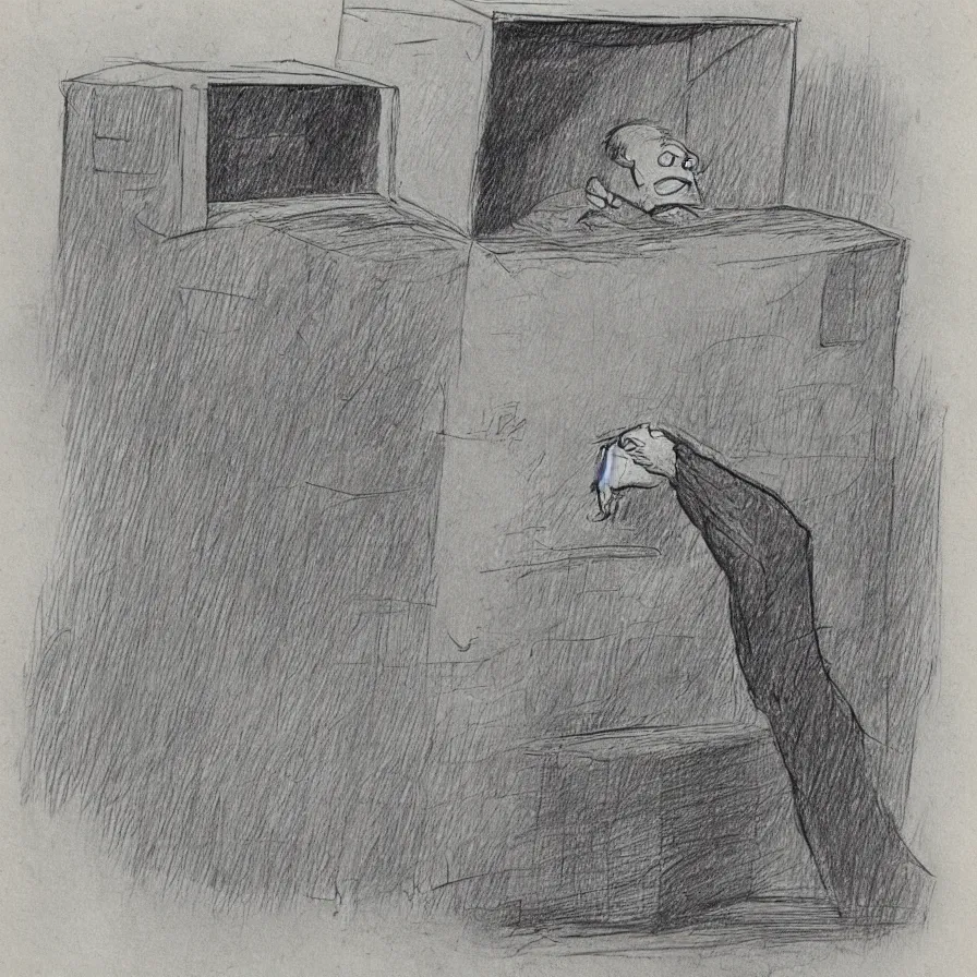 Prompt: a sketch of a long - nosed man in a box poking his head through the top, as by william rotsler