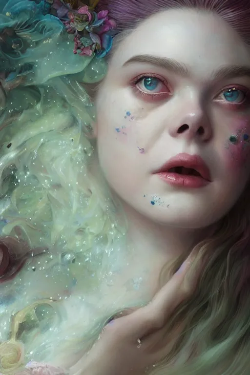 Prompt: closeup portrait shot of elle fanning as delirium of the endless, the sandman, the fairy queen, floral growth, thick fancy makeup, highly detailed, digital painting, artstation, concept art, soft focus, depth of field, artgerm, tomasz alen kopera, peter mohrbacher, donato giancola, wlop, boris vallejo