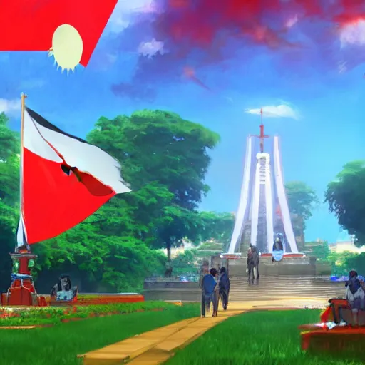 Image similar to rizal park with philippine flag futuristic, painting by makoto shinkai, featured on pixiv, deviantart hd