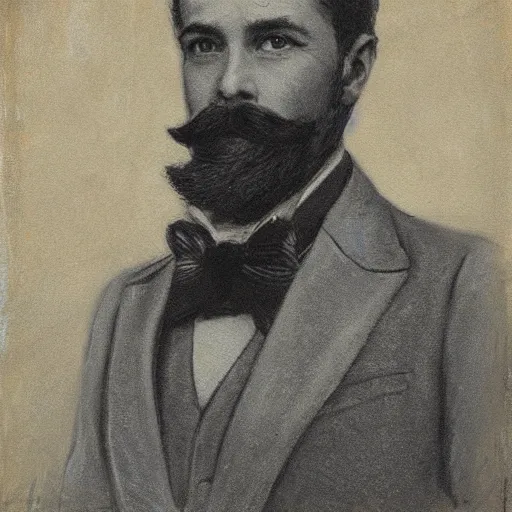 Prompt: action hero, suit, bow tie, mustache by alfred stevens in charcoal