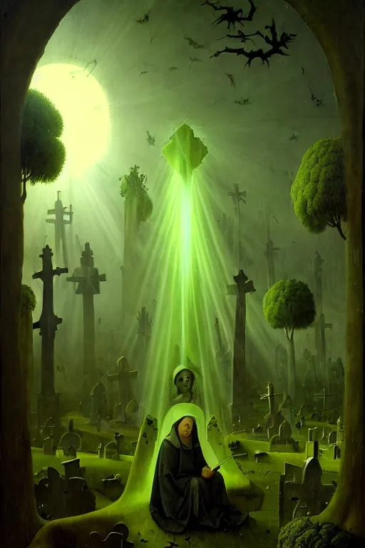 Prompt: hieronymus bosch, greg rutkowski, anna podedworna, painting of the broccoli, god rays, wide shot of a graveyard lit by spooky green lights