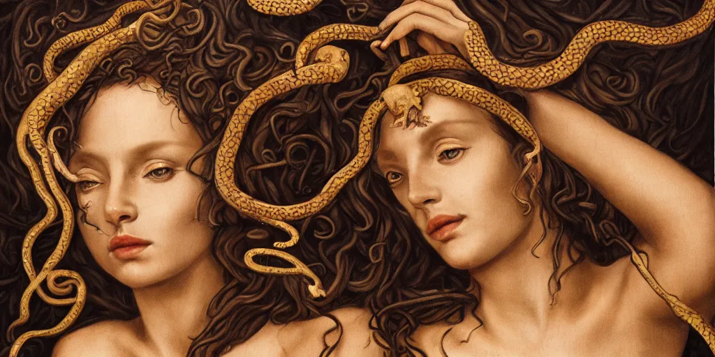 Image similar to realistic portrait of beautiful medusa with her snakes, golden, delicate, facing camera, hyper realism, 1 4 5 0, ink, ultra realistic, 8 k