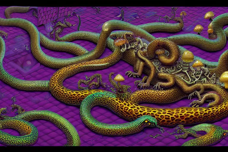 Image similar to a detailed digital art painting of a cyberpunk magick oni dragon with occult futuristic effigy of a beautiful field of mushrooms that is a adorable leopard atomic latent snakes in between ferret biomorphic molecular hallucinations in the style of escher, alex grey, stephen gammell inspired by realism, symbolism, magical realism and dark fantasy, crisp,