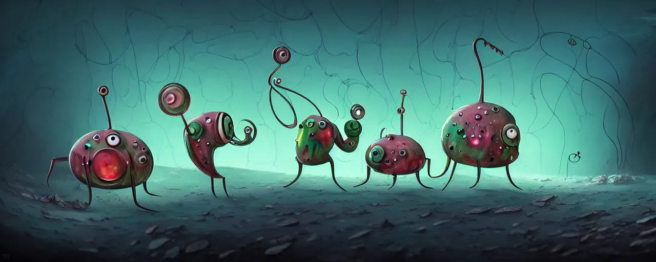 Image similar to wild whimsical plankton mutants from the depths of a wasteland deep in the imaginal realm, dramatic lighting, surreal fleischer cartoon characters, shallow dof, surreal painting by ronny khalil