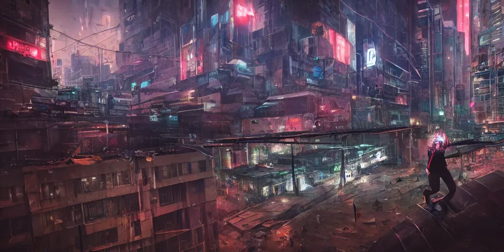 Image similar to cinematic shots of teenagers with tech clothing and hoods and tactical masks doing risky parkour on the rooftops of a dystopian city, neon lights, sci - fi, night lights, rain and haze, concept art, intricate, in the style of katsuhiro otomo, akira, unreal engine