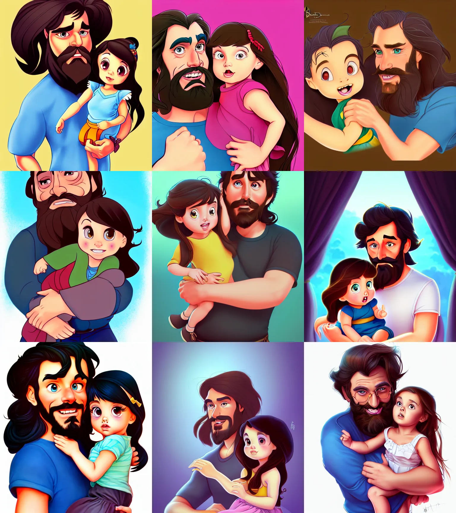 Image similar to a long - haired bearded father and his brunette child toddler girl full color digital illustration in the style of don bluth, artgerm, artstation trending, 4 k