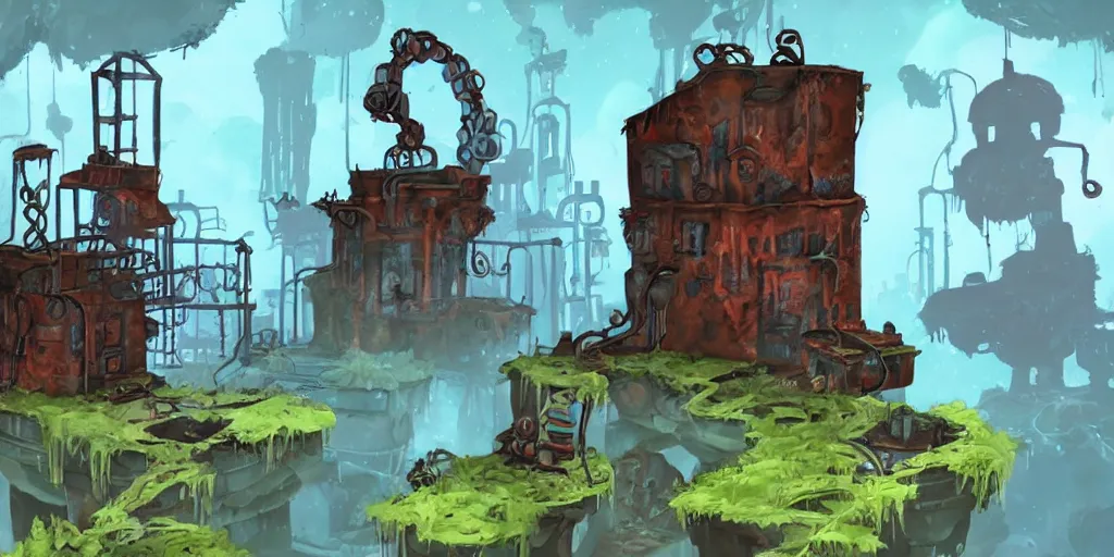 Image similar to rusty abandoned factory in the style of ori and the blind forest