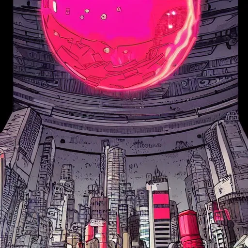 Image similar to adularia, apocalyptic spherical explosion, city, akira art style, pink, red