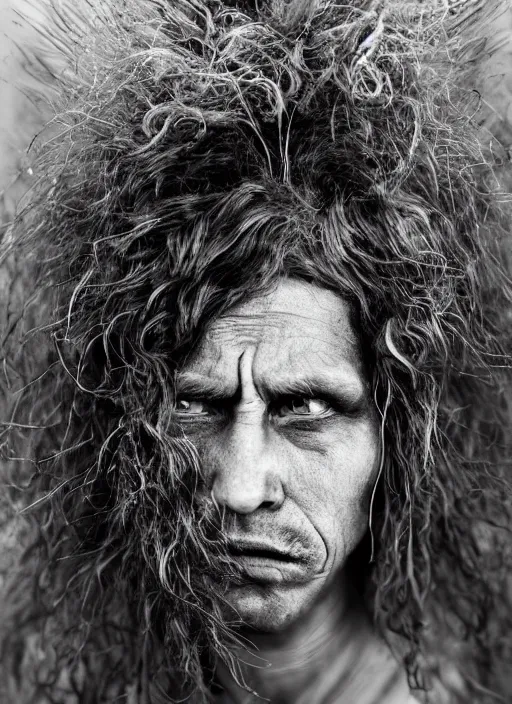 Image similar to Award winning Editorial photo of a Native Liechtensteiners with incredible hair and beautiful hyper-detailed eyes wearing traditional garb by Lee Jeffries, 85mm ND 5, perfect lighting, gelatin silver process