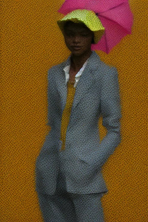 Image similar to a scene filled with yellow fog and with a character wearing a super colorful muted color diy! suit, with a lot of pockets and details, vivienne westwood!, detailed photoreal render octane render, oil on canvas, pointillism