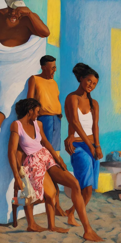 Prompt: local people having fun in the city of salvador, brazil, black people, relaxed poses, golden hour, beach, pastel colors, artwork by edward hopper, close-up, interiors, leisure activities, iconic, close medium shot, strange vegetation, futuristic, cinematic lighting, atmospheric, kadir nelson, andrei tarkovski, trending on artstation