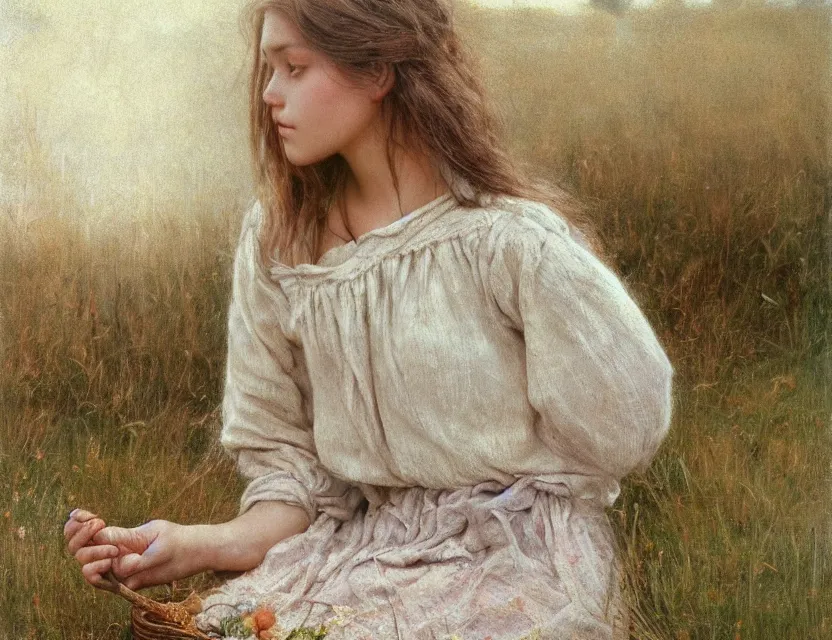 Image similar to peasant girl with long hair yarn knitting, cottage core, cinematic focus, polaroid photo bleached vintage pastel colors high - key lighting, soft lights, foggy, by steve hanks, by lisa yuskavage, by serov valentin, by tarkovsky, 8 k render, detailed, oil on canvas