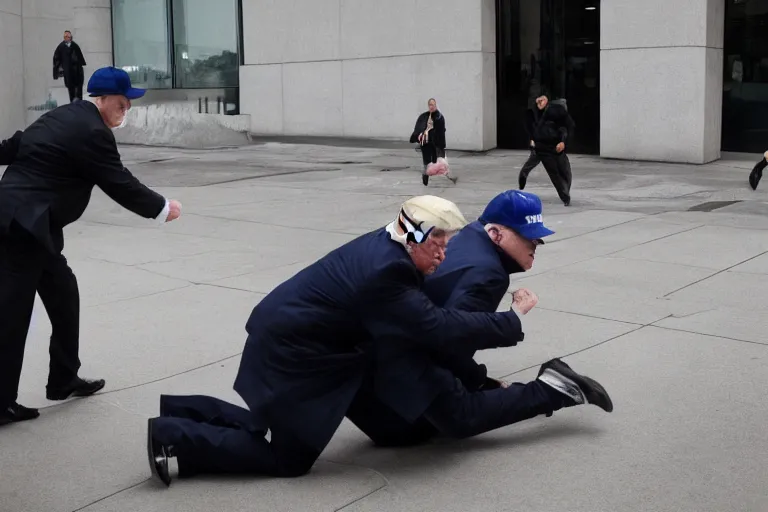 Prompt: bank robbers running out of white bank wearing trump masks by Emmanuel Lubezki