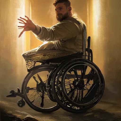 Prompt: handsome portrait of a wheelchair guy fitness posing, radiant light, caustics, war hero, smooth, one legged amputee, reflective water koi pond, sunbeams, by gaston bussiere, bayard wu, greg rutkowski, giger, maxim verehin