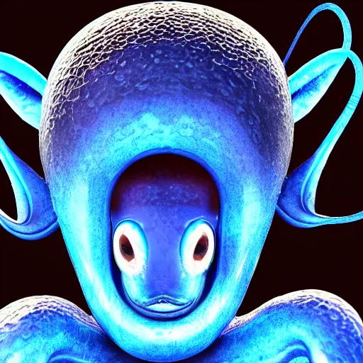 Image similar to beauty photograph of an adorable baby faced alien with tentacles on the sides of it's mouth, blue, tiny horns