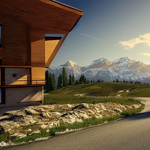 Image similar to montana alpine landscape with windy road and modern homes designed by charles haertling scattered on the mountainsides, photo realism, dramatic lighting, from a dream, high quality digital art, unreal engine