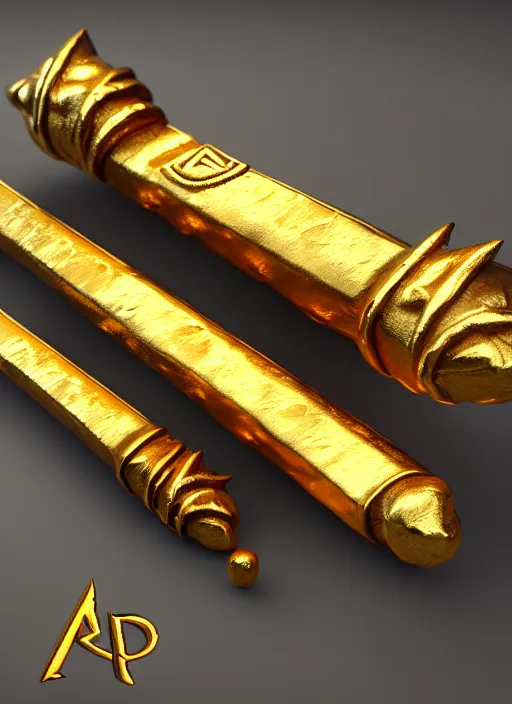 Image similar to rpg item render, a single egyptian gold staff, ancient symbols, bright, Unreal 5, DAZ, hyperrealistic, octane render, dynamic lighting