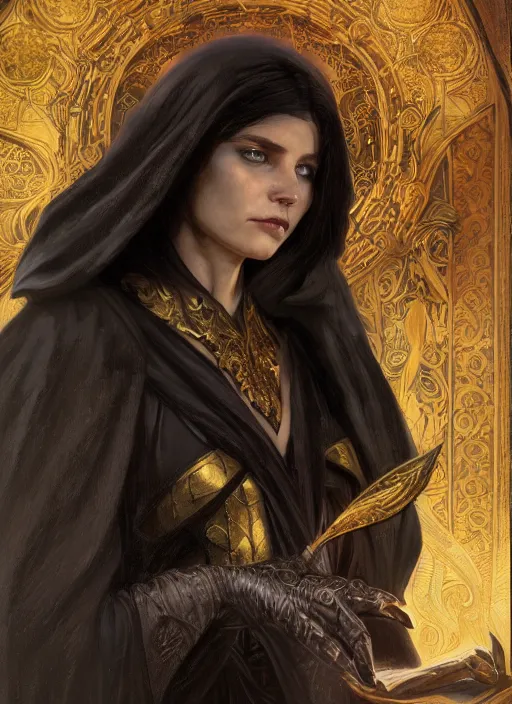 Prompt: medium-length portrait of a female dragonborn wizard with black scales and golden eyes, serious expression, wears a beautiful flowing dark robe, medieval setting, highly detailed, digital painting, artstation, concept art, sharp focus, illustration, art by greg rutkowski and alphonse mucha