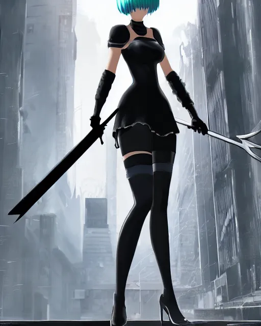 Prompt: 2B from Nier Automata and with slender body type standing in front of a large building holding a sword, cartoon illustration, trending in artstation, artstationHD, artstationHQ, cyberpunk 8k