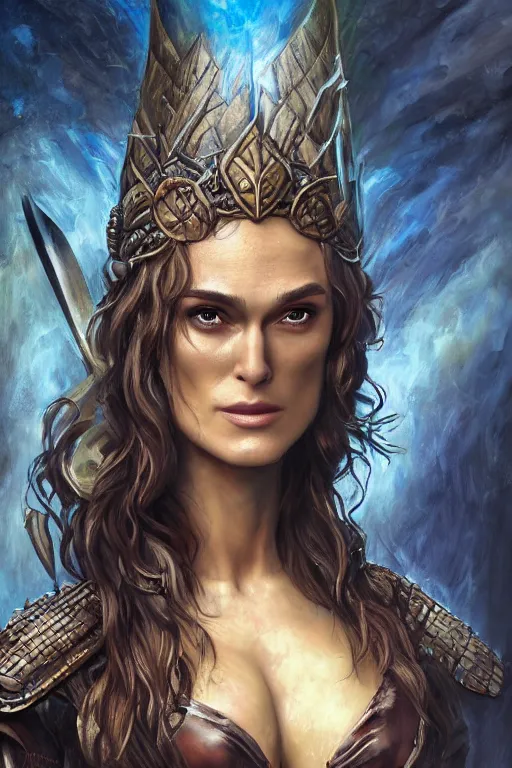 Image similar to A fantasy comic book style, composite portrait painting of Keira Knightley, Cory Chase as an Atlantean, Reptilian Warrior, Mystical Valkyrie, Armor, Sword, Spear, Sheild, François Boucher, Oil Painting, unreal 5, DAZ, hyper realistic, Photorealistic, octane render, Regal, Refined, Coherent, Detailed Digital Art, RPG portrait, William-Adolphe Bouguereau, Michael Cheval, Walt Disney (1937), Steampunk, Golden dappled dynamic lighting, Highly Detailed, Theophanic atmosphere, Cinematic Lighting, Unreal Engine, 8k, HD