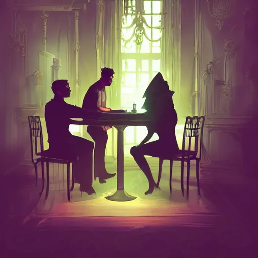 Image similar to ornate by ross tran silhouette, emerald. a digital art of two people, a man & a woman, sitting at a table. the man is looking at the woman with interest. the woman is not interested in him. there is a lamp on the table between them.