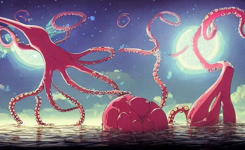 Image similar to a realistic cell - shaded studio ghibli concept art from paprika ( 2 0 0 6 ) of a flying multi - colored octopus from close encounters of the third kind ( 1 9 7 7 ) and dimensional portal to another world above a flooded medieval town on a misty starry night. very dull colors, wide shot, hd, 4 k, hq