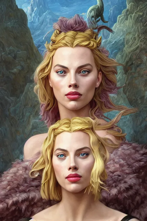 Image similar to A fantasy comic book style portrait painting of Margot Robbie, Scarlett Johansson, as an Atlantean Reptilian Warrior, Mystical Valkyrie, François Boucher, Oil Painting, unreal 5, DAZ, hyperrealistic, octane render, Regal, Refined, Detailed Digital Art, RPG portrait, William-Adolphe Bouguereau, Michael Cheval, Walt Disney (1937), Steampunk, dynamic lighting, Highly Detailed, Cinematic Lighting, Unreal Engine, 8k, HD