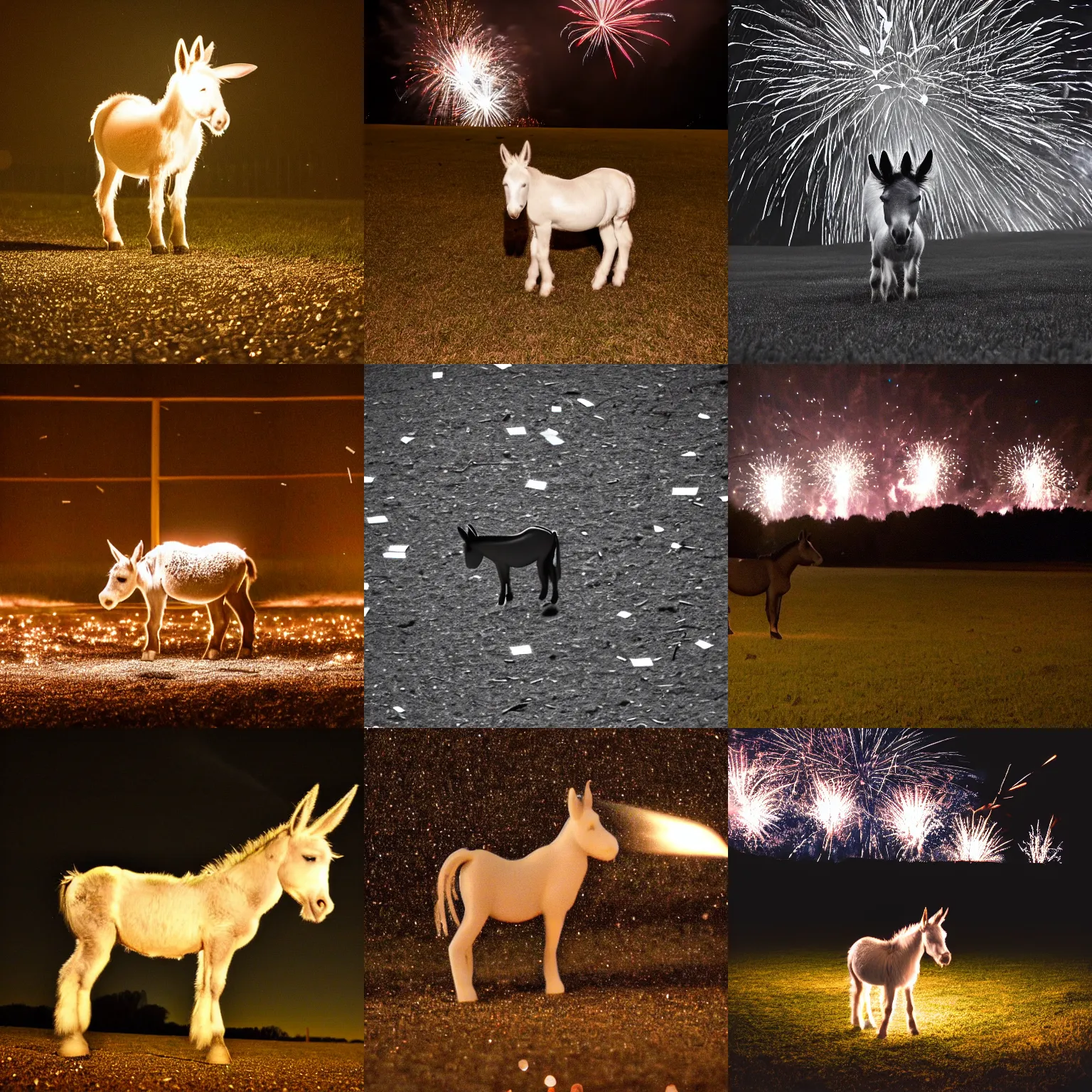Prompt: a small tiny pale donkey stands in the midground in a empty field in the darkness at night. in the background, fireworks expldoing in the night sky raining down embers and sparks and brightly burning pieces falling from the sky, . color photography. Flash photo. Cursed image. nikon coolpix