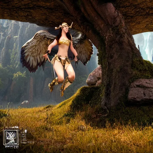 Image similar to fantasy art of a valkyrie floating in the air, floating islands, wonderland, digital art, nft, full hd, unreal engine 5, octane render, movie shot, trending on artstation