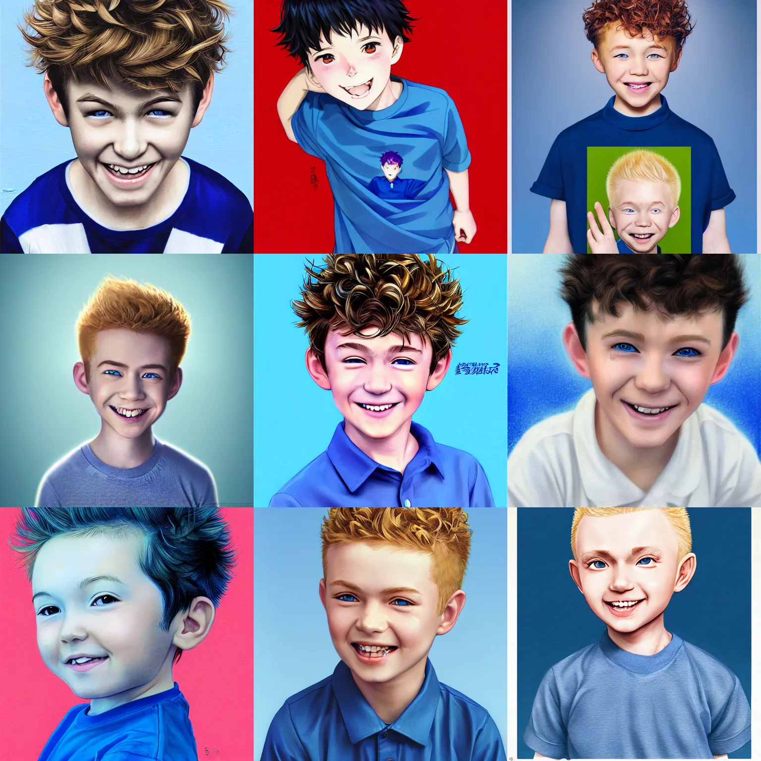 Prompt: A medium shot anime portrait of a smiling anime boy with very short curly blonde hair and blue eyes, buzzed sides, rosy cheeks, blue-eyed, wearing a shirt, very young child, four years old, medium shot portrait, his whole head fits in the frame, solid color background, digital drawing by Stanley Artgerm Lau, WLOP, Rossdraws, James Jean, Andrei Riabovitchev, Marc Simonetti, and Sakimi chan, trending on artstation