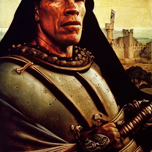 Image similar to portrait of Arnold Schwarzenegger as a medieval Crusader King of Jerusalem, by Angus McBride, Gentile Bellini, Piero della Francesca, and Arthur Rackham. HD face portrait.